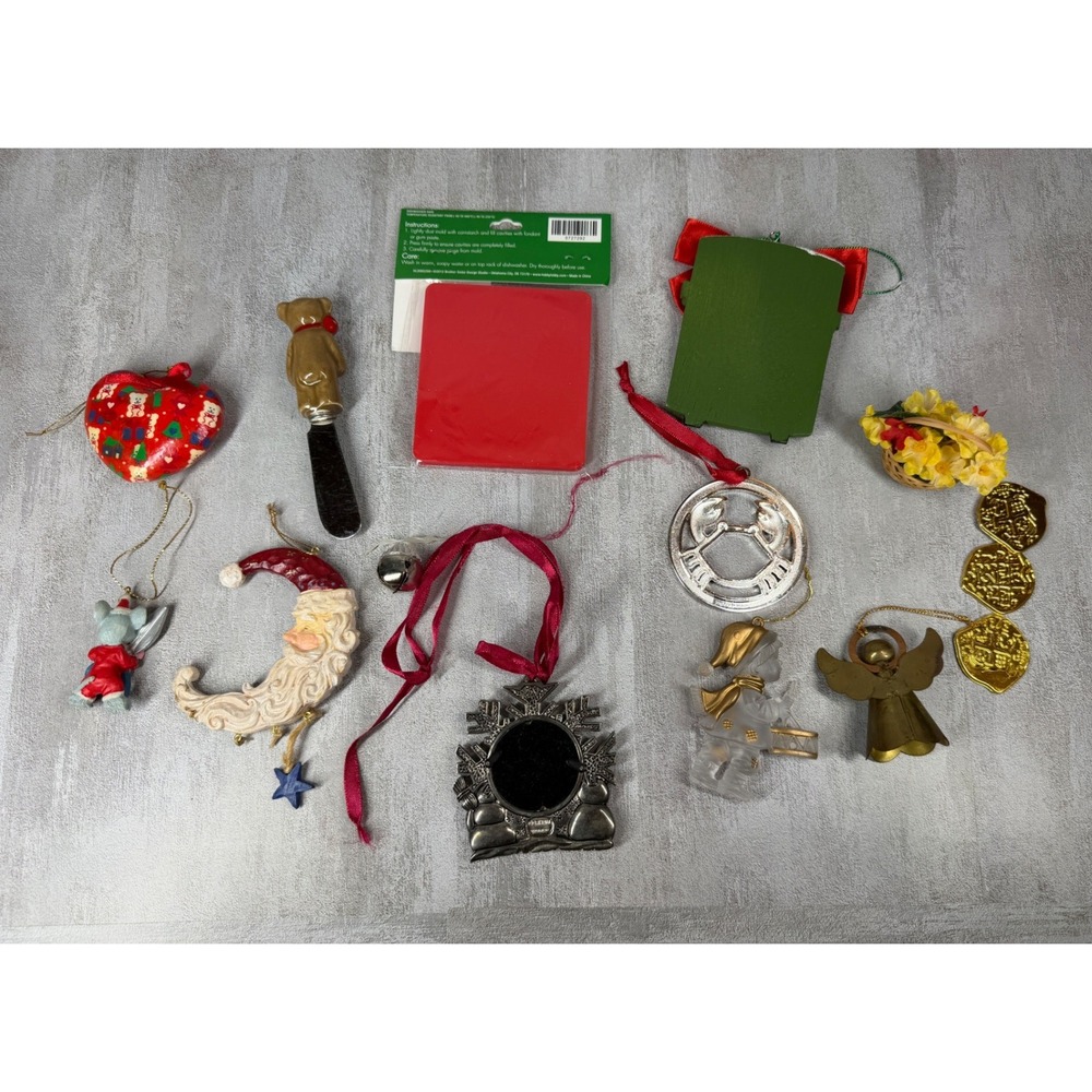 Vintage Christmas Ornament Lot Gorham Silver Frame Brass Angel Bell Santa Mold
